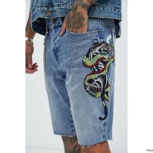 Ed Hardy Panther Snake Denim Shorts Medium Wash Size 38